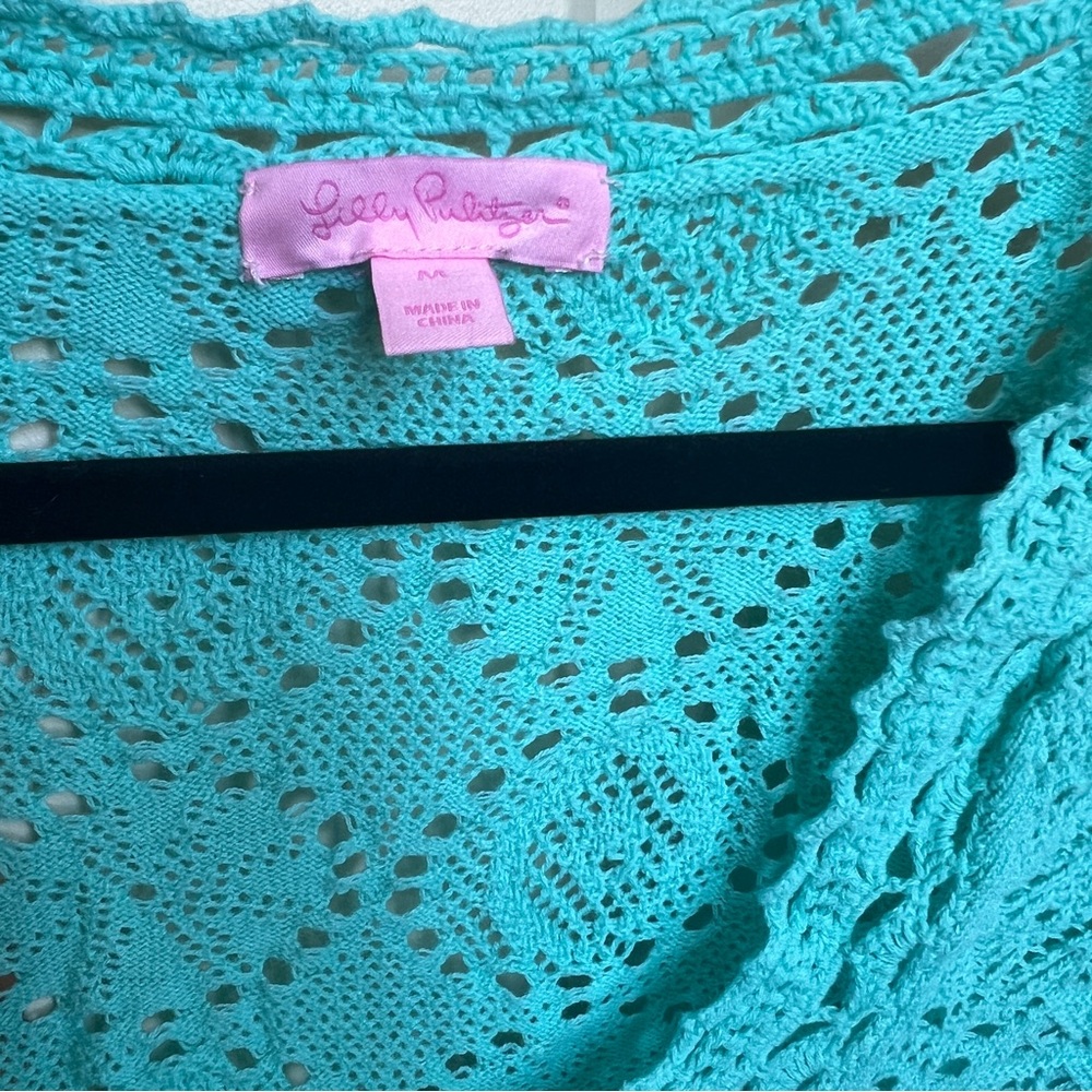 Lilly Pulitzer Athena Tunic Crystal Water Aqua Crochet Knit Pom Cover Up medium - Picture 4 of 5